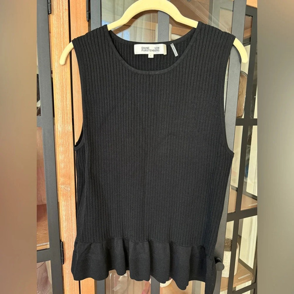 Diane Von Furstenberg blouse tank top ruffles ribbed sweater knit sleeveless - Picture 1 of 8